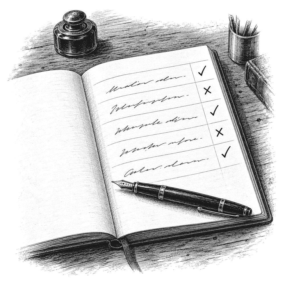 Pen and ink drawing of a ledger page with five rows, each marked promised, with a check or a cross beside it