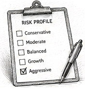 Pen and ink drawing of a risk profile questionnaire on a clipboard with Aggressive ticked