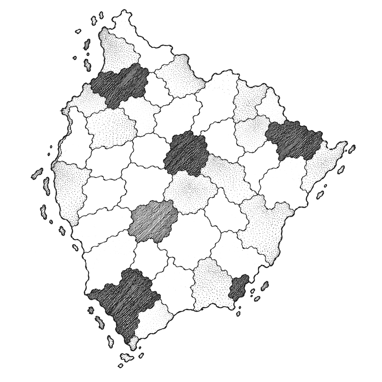 A map of electoral districts, a few shaded dark and most left pale.