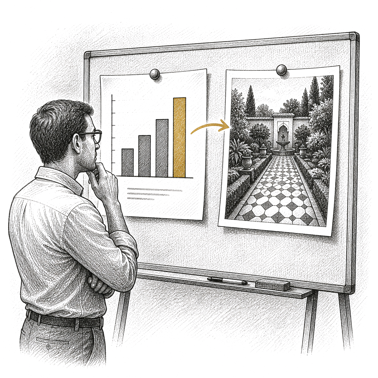 Pen and ink drawing of a bar chart and a photograph pinned side by side on a board