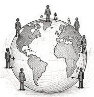 Pen and ink drawing of a globe with figures standing around it, representing six countries