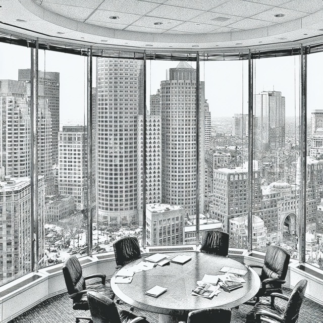 A conference room high above the city, empty chairs around a table scattered with papers