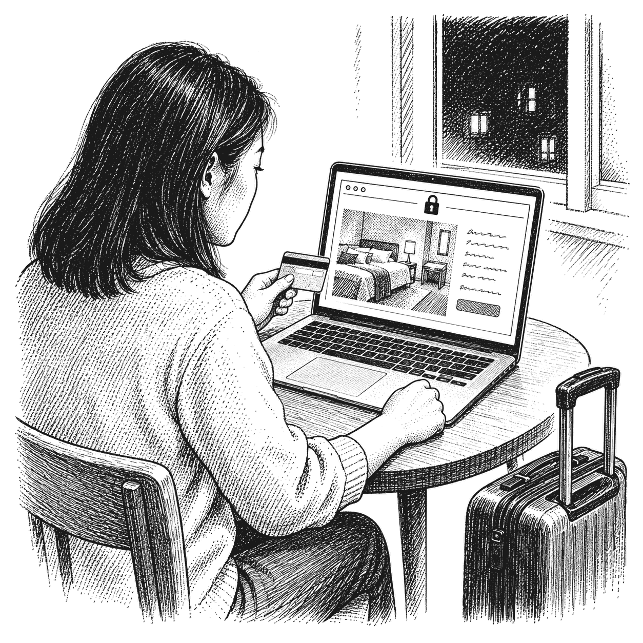 Pen and ink drawing of a traveler at a laptop on a home-sharing booking page, a padlock in the address bar and a suitcase by her chair