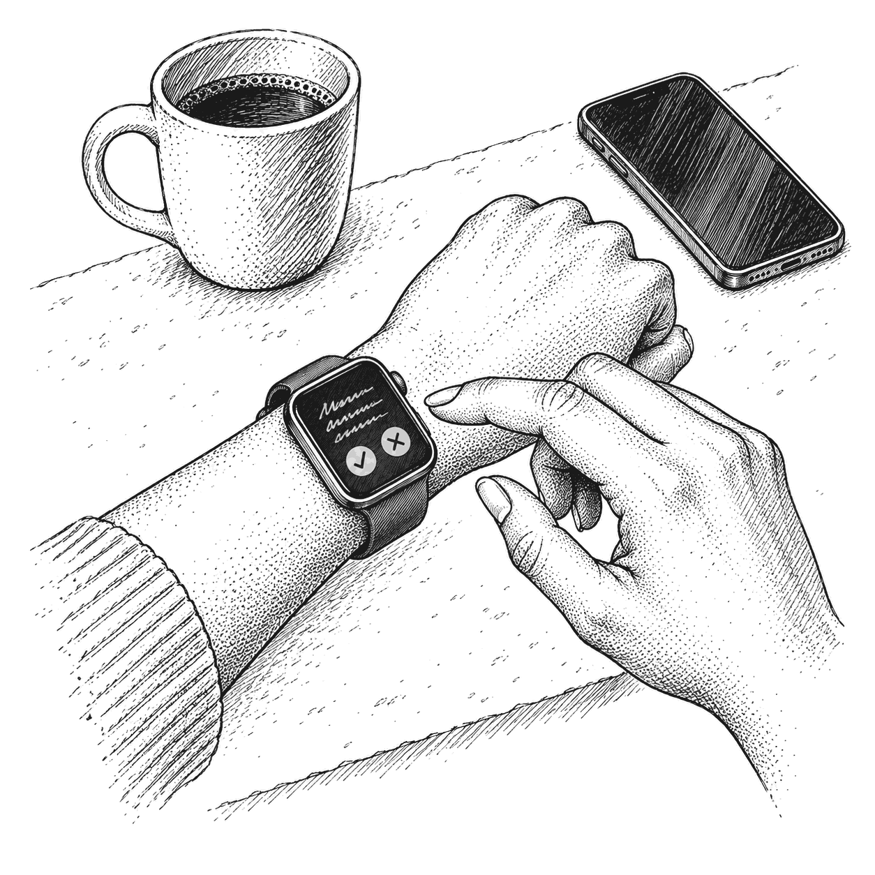 Pen and ink drawing of a wrist wearing a fitness watch, its screen asking to share heart rate and sleep data, with yes and no buttons
