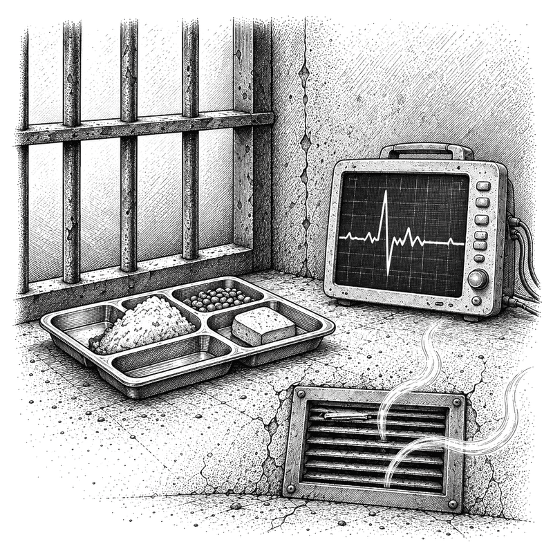 Pen and ink drawing of three small panels: a prison cell with an untouched tray, a heart monitor, a ventilation grate