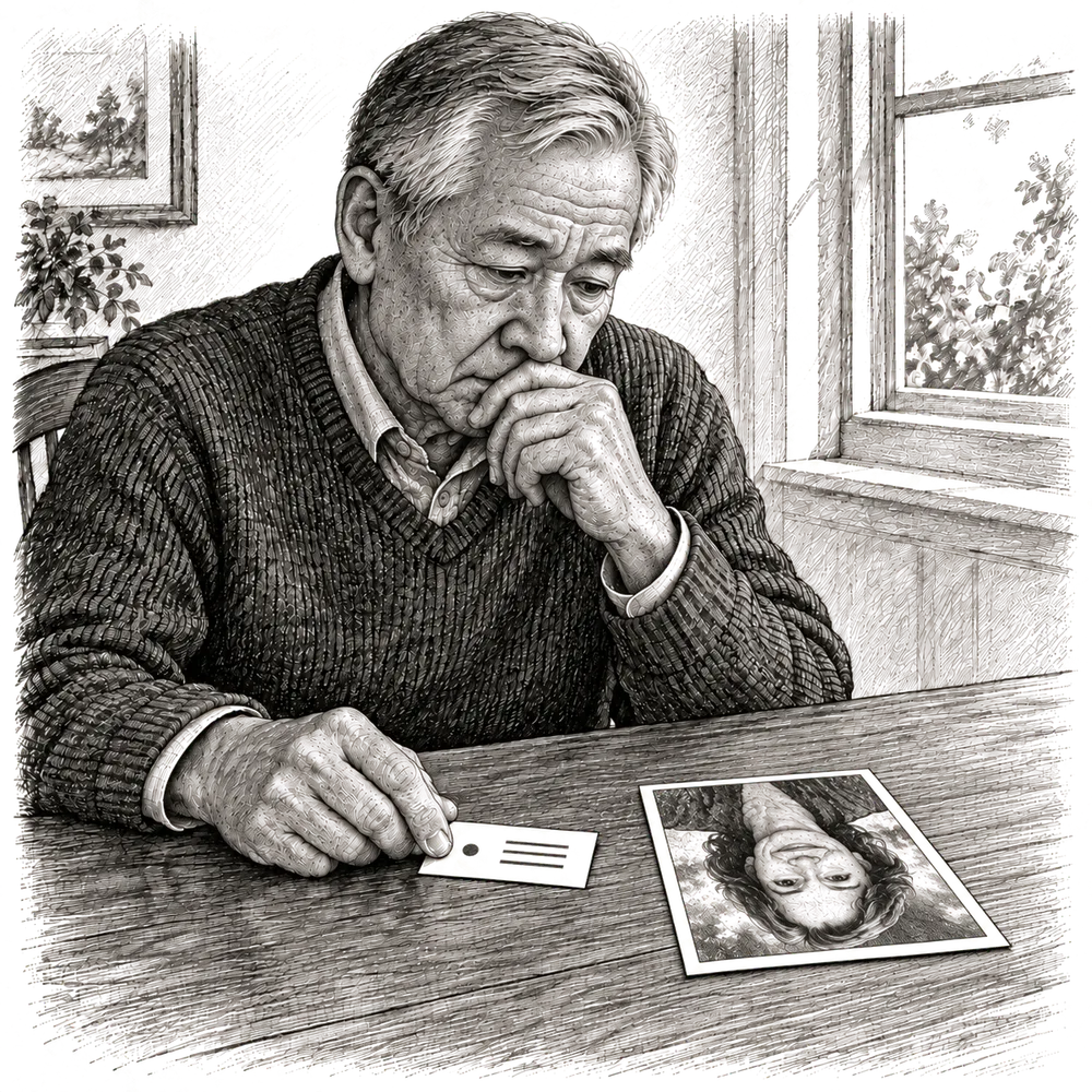 Pen and ink drawing of an older man at a table looking at a business card and a kind-faced portrait
