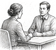 Pen and ink drawing of an advisor and client in conversation, shaking hands across a desk