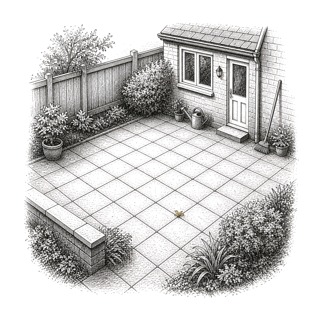 Pen and ink drawing of a small back garden paved entirely in square tiles