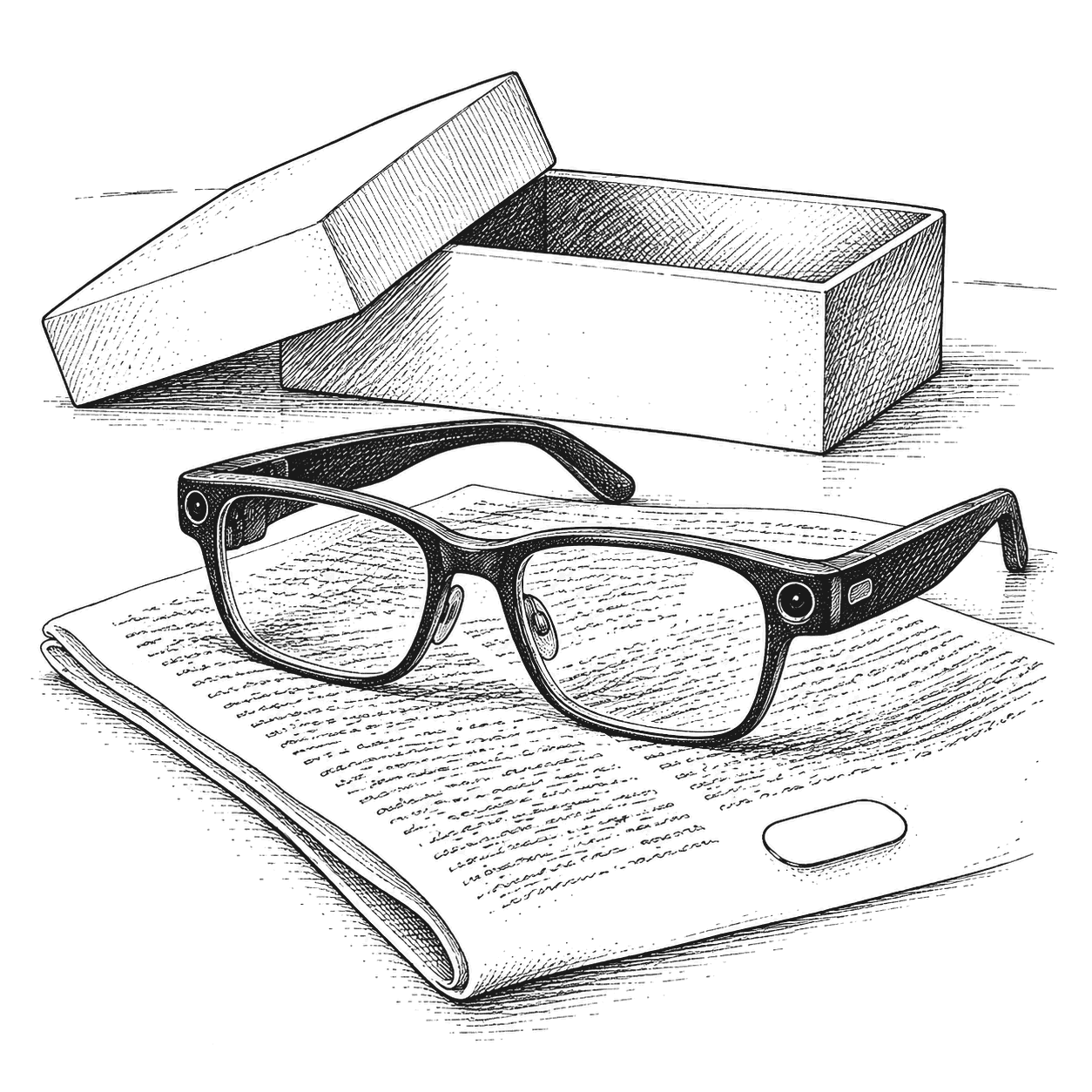 Pen and ink drawing of a pair of smart glasses resting on a folded page of fine-print terms and conditions, an accept button drawn at the bottom
