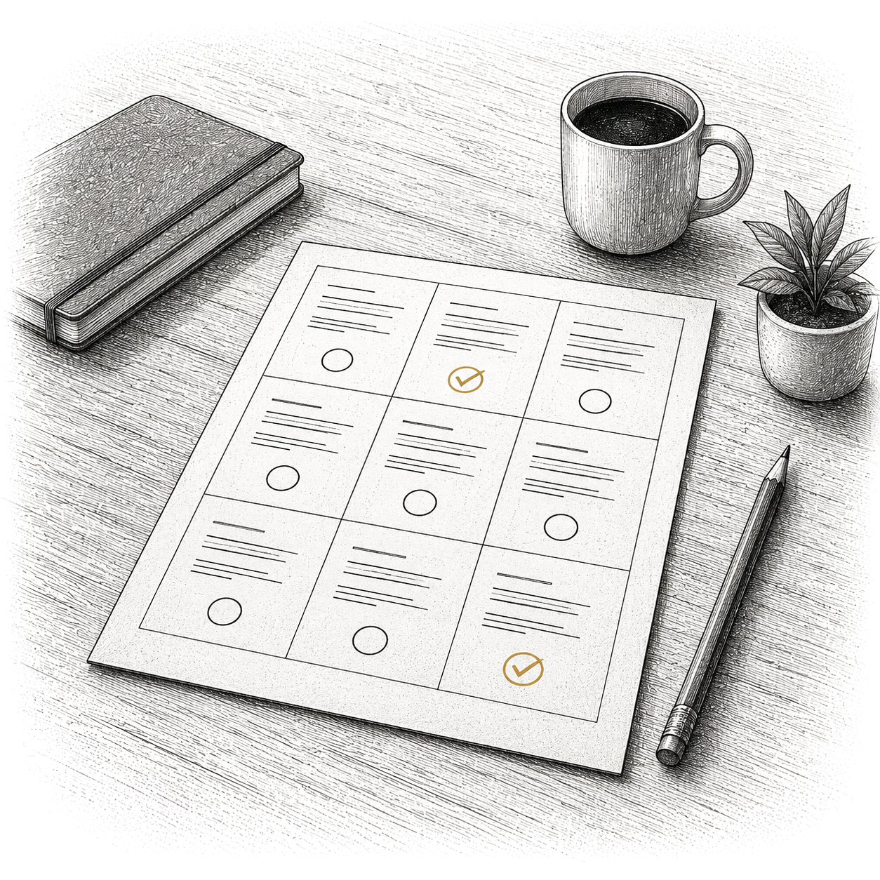 Pen and ink drawing of a survey card listing nine traits with tick boxes beside them