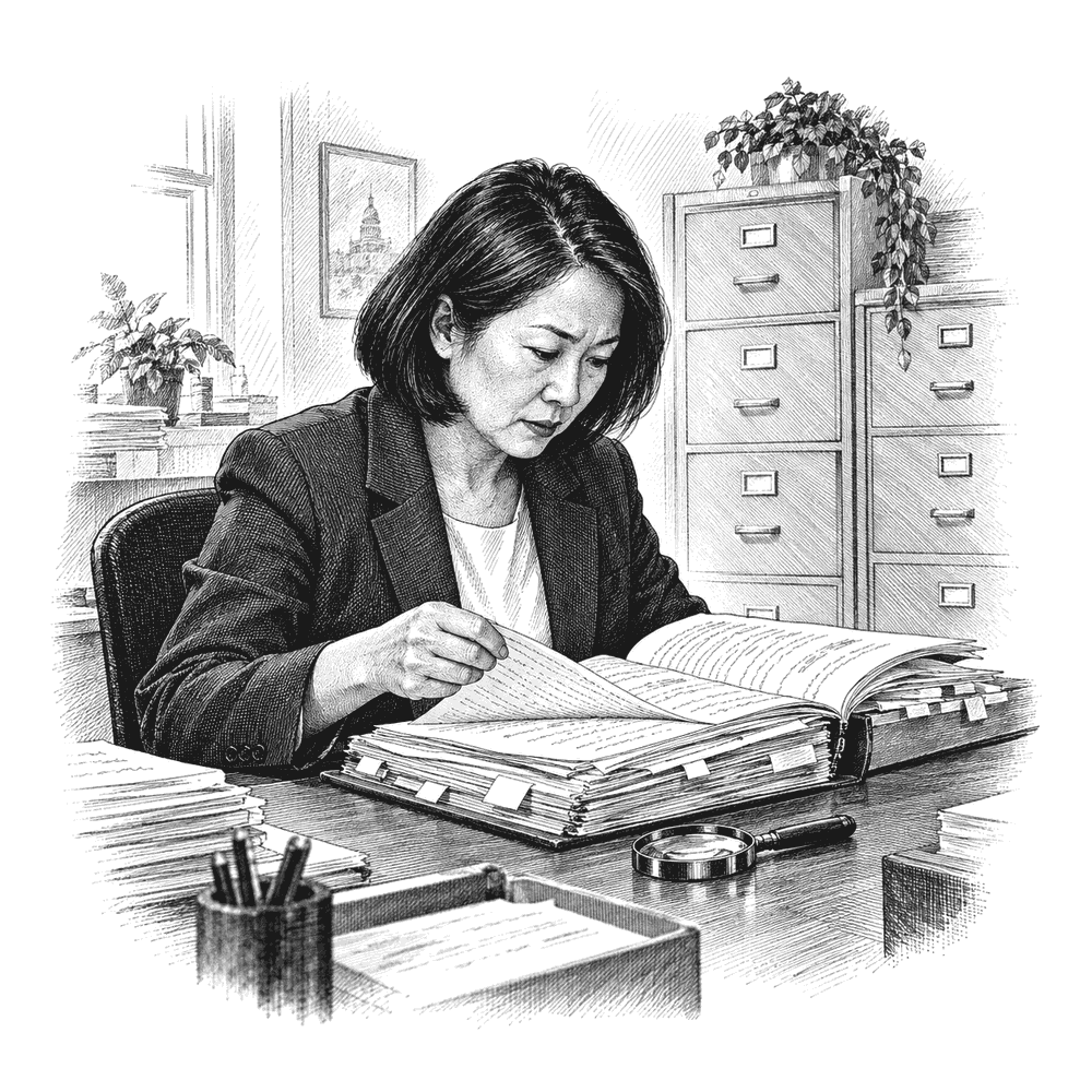 Pen and ink drawing of an official at a desk reviewing a thick file, a magnifying glass beside it