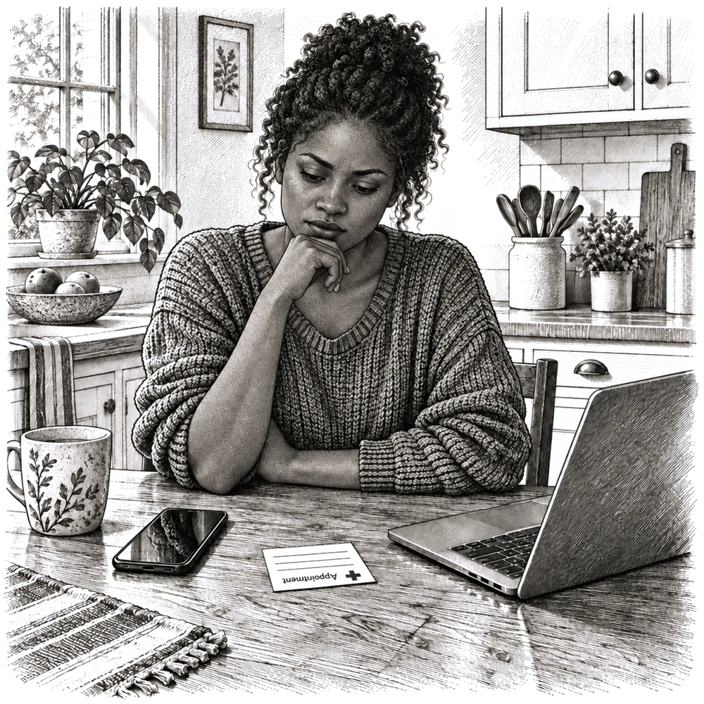 Pen and ink drawing of a woman at a kitchen table with a phone, a laptop and a clinic appointment card in front of her