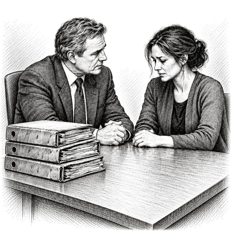 Pen and ink drawing of a manager and an employee at a shared desk stacked with years of old files