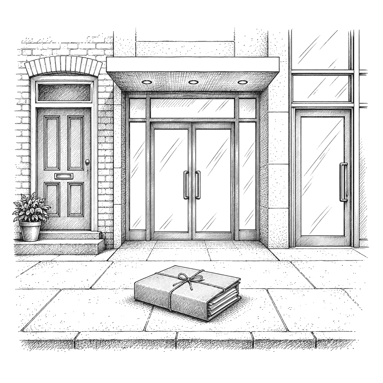 Pen and ink drawing of three doorways side by side: a family home, a hospital entrance and a glass tech office, a folder of health records in front of them
