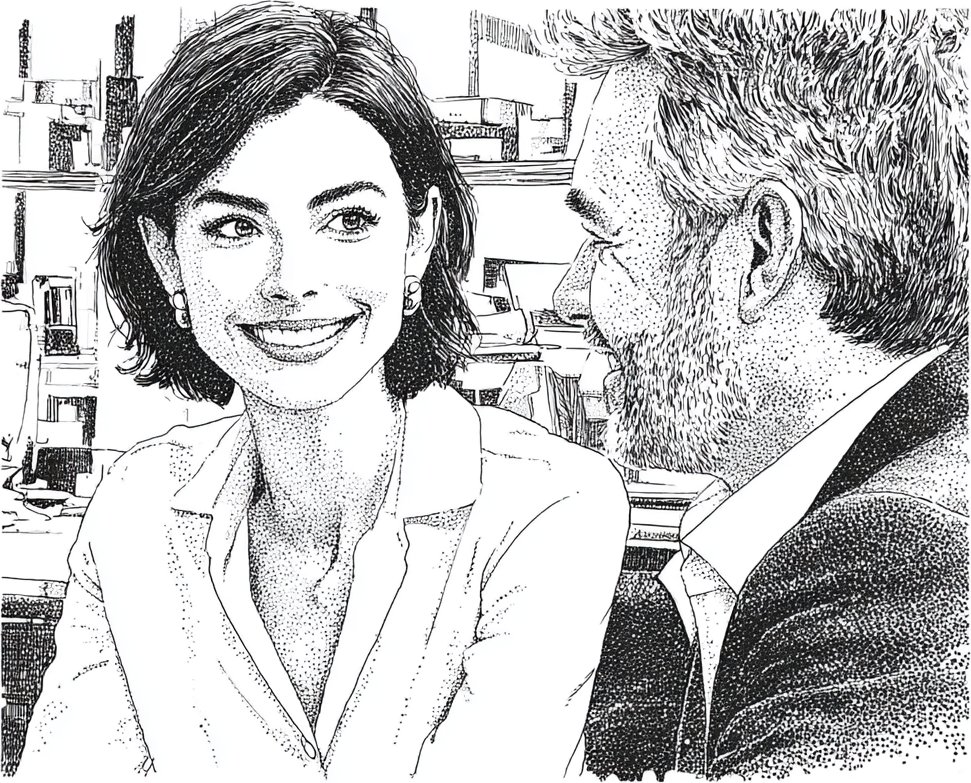 Stipple sketch of a smiling client in conversation with her advisor