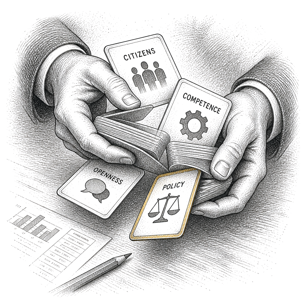Pen and ink drawing of a deck of trait cards mid shuffle above a table