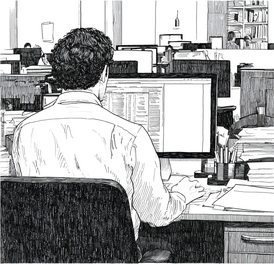 An associate at an operations desk, scrutinizing a record on screen