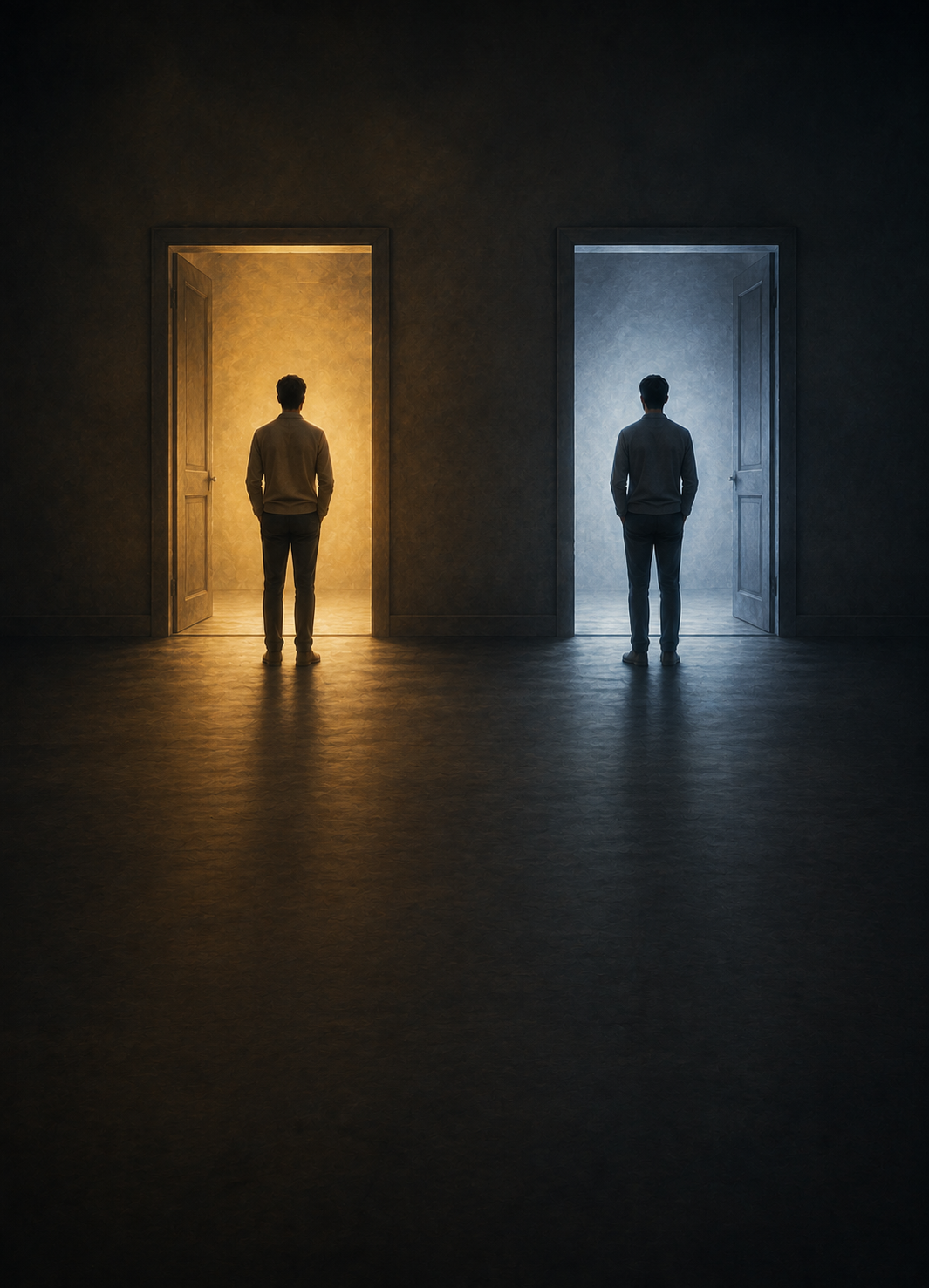 Two figures standing in matching doorways, one lit warm gold, one lit cool blue.