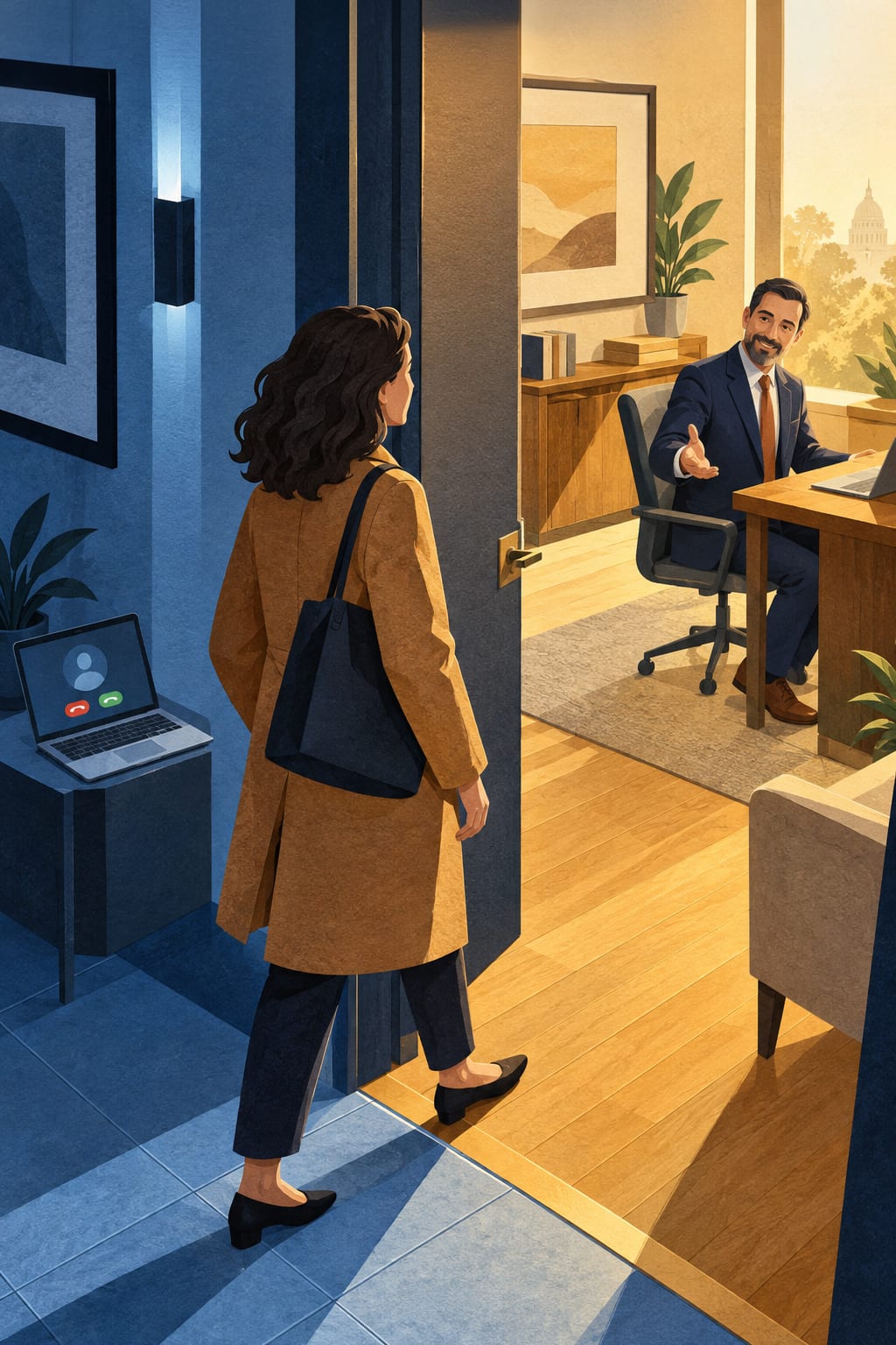 A client stands at an open office door, one foot on cold blue-lit hallway tile beside a laptop still open to an unanswered video call, the other stepping onto warm gold floorboards where an advisor at his desk turns to greet her.