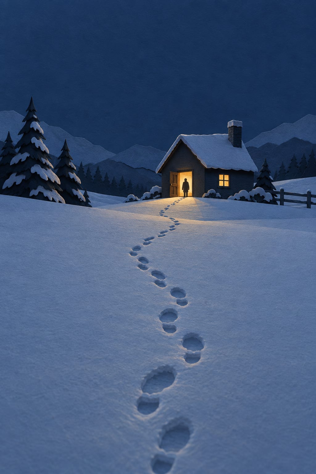 A single line of footprints crosses fresh snow at dusk to a small cabin, where a figure stands backlit in a warmly lit open doorway.