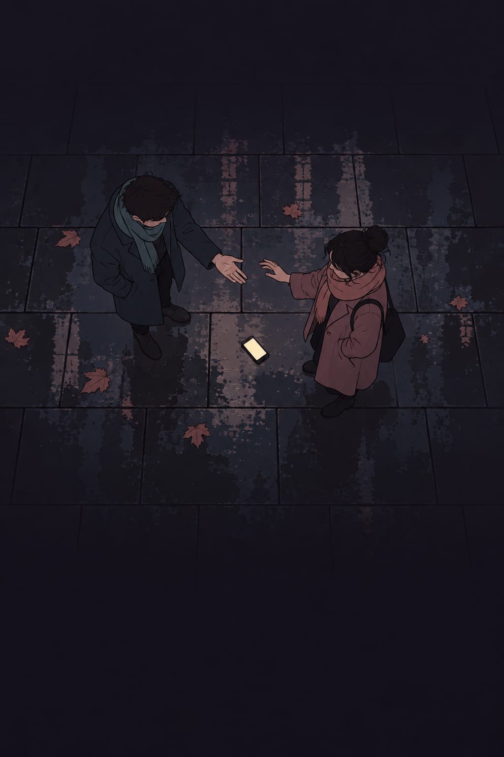 Seen from above on a dark wet pavement strewn with autumn leaves, two people in winter coats and scarves reach a hand toward each other, a lit phone lying on the ground between them.