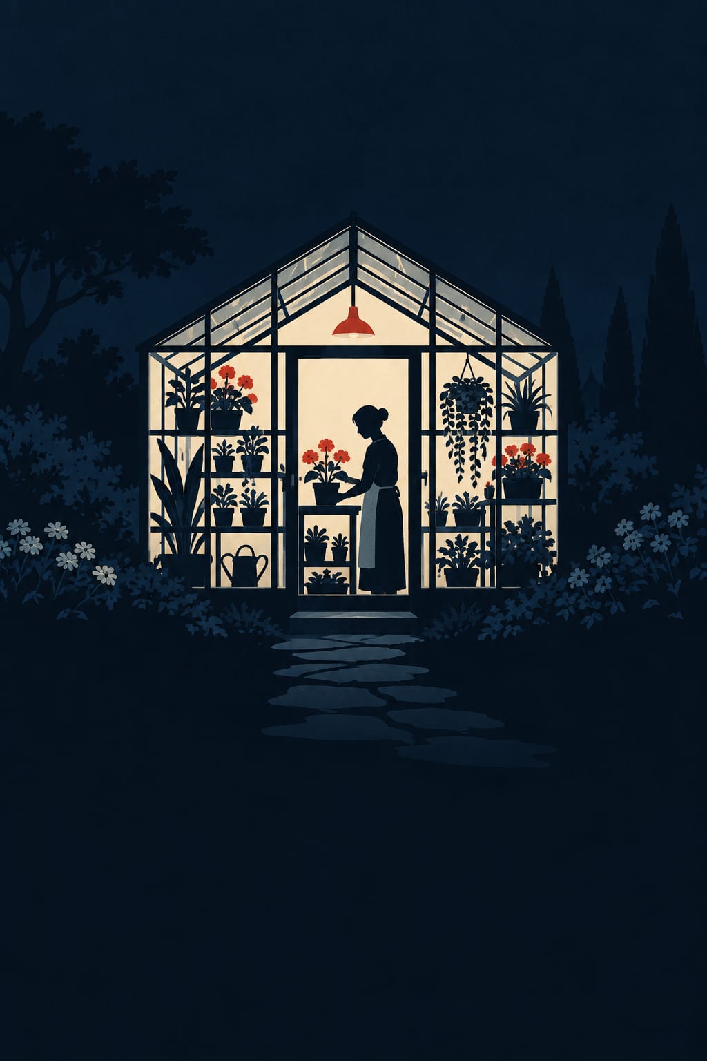 A small glass greenhouse glows in a dark night garden, its shelves of red-flowered plants plain to see from outside, a woman in an apron tending a pot beneath a single red lamp.